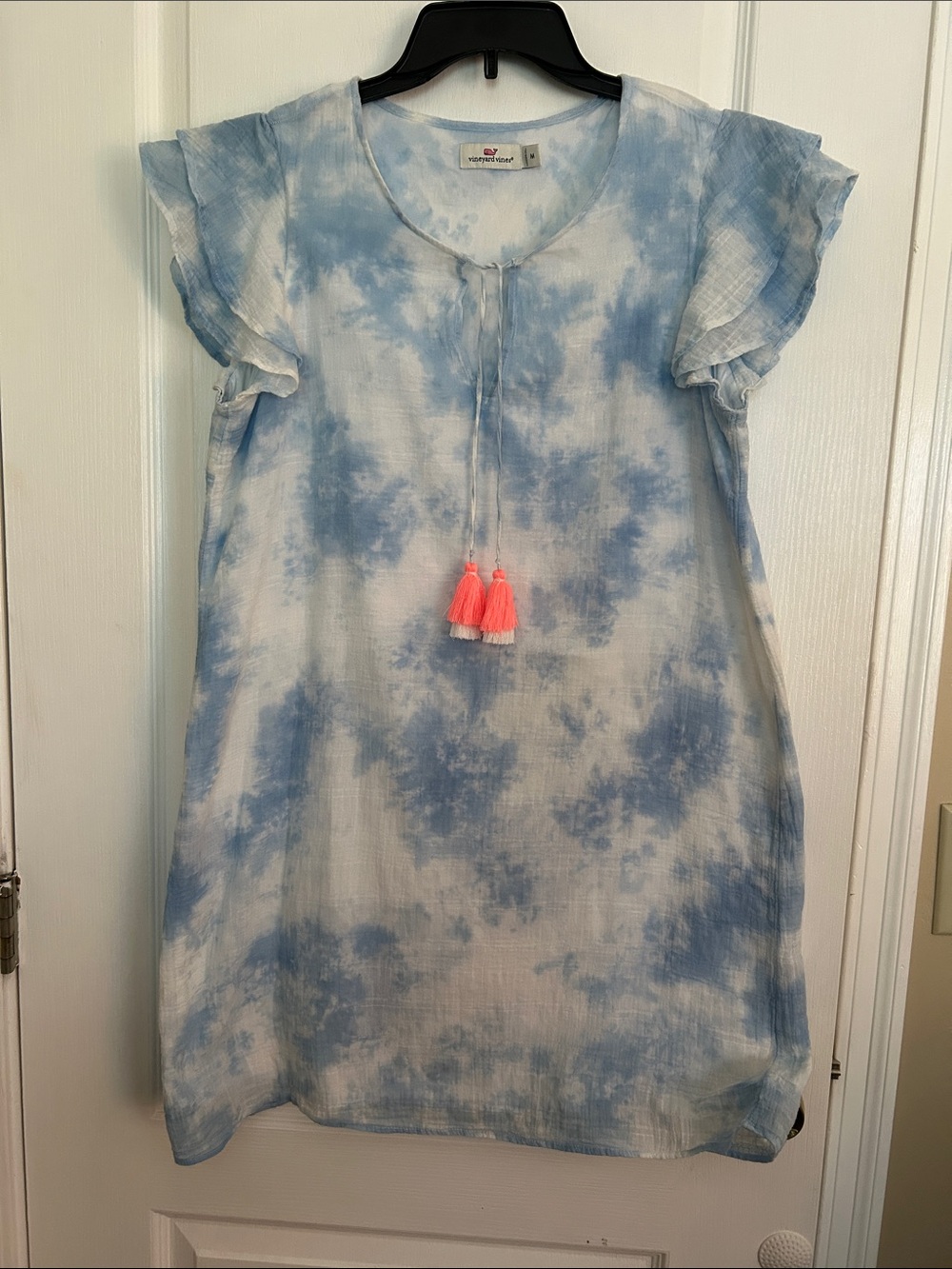 Vineyard Vines Woman’s Blue & White Tie-Dye Dress with Pink Tassels, PTP 21